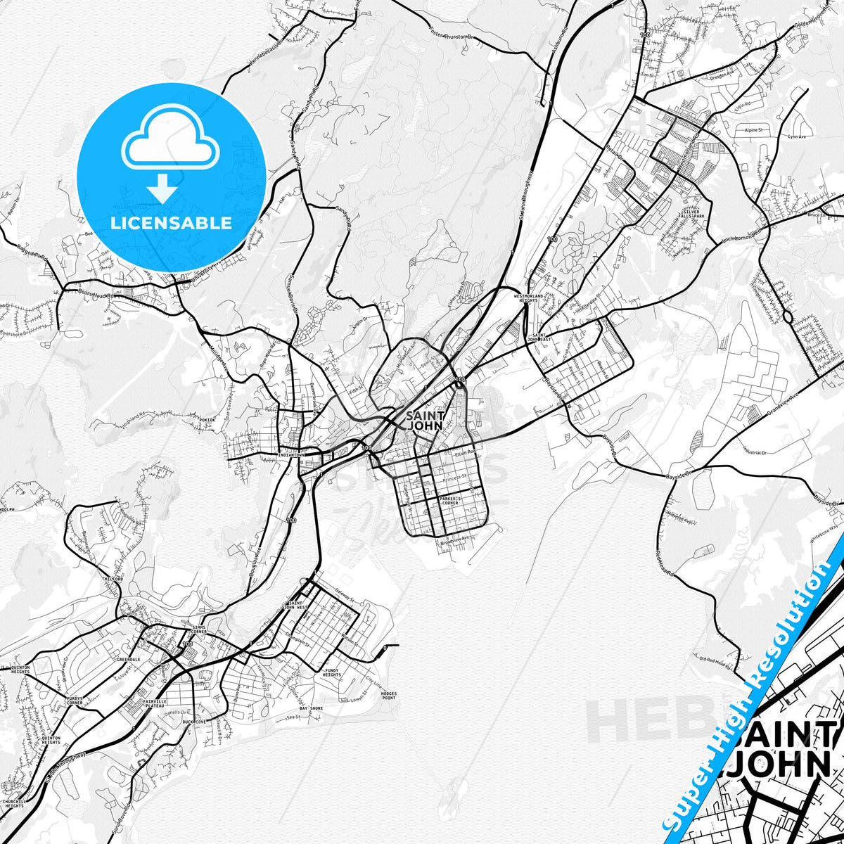 Saint John, Canada Light Map with Street Names, City Names, and Districts