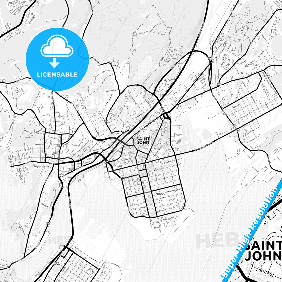 Saint John, Canada Light Map with Street Names, City Names, and Districts