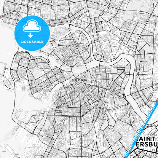 Saint Petersburg, Russia light map with streetnames, citynames and districts