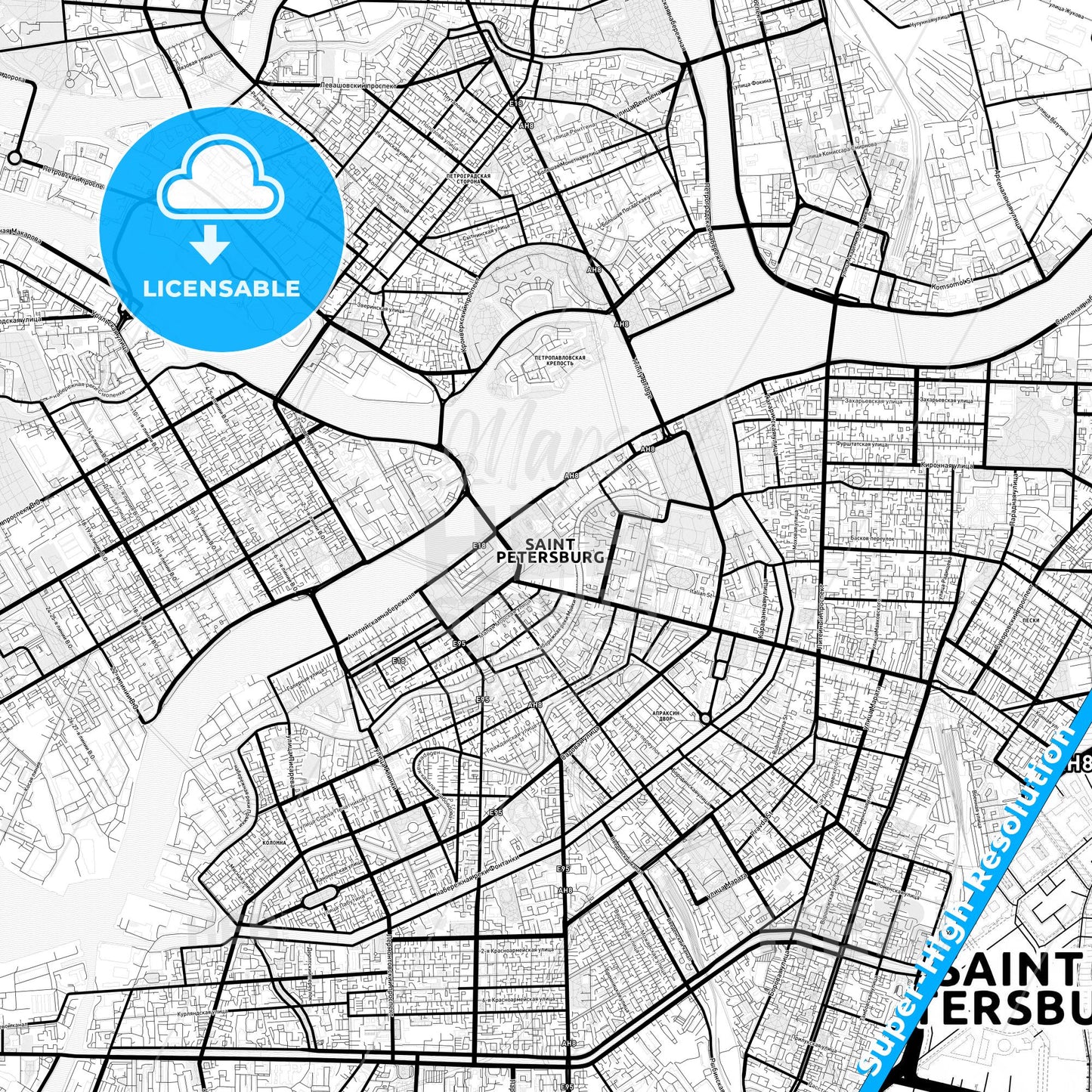 Saint Petersburg, Russia Light Map with Street Names, City Names, and Districts