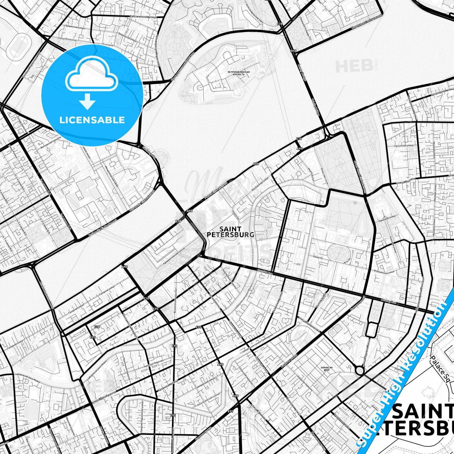 Saint Petersburg, Russia Light Map with Street Names, City Names, and Districts