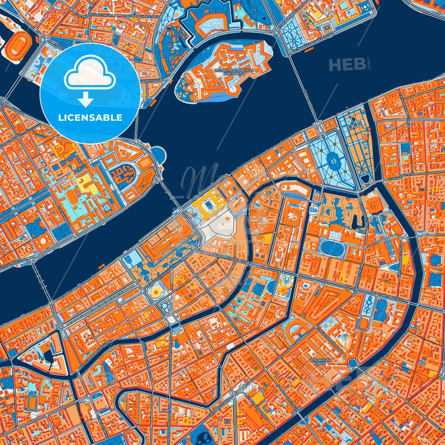 Colorful Saint Petersburg Street Map with Labels and Buildings