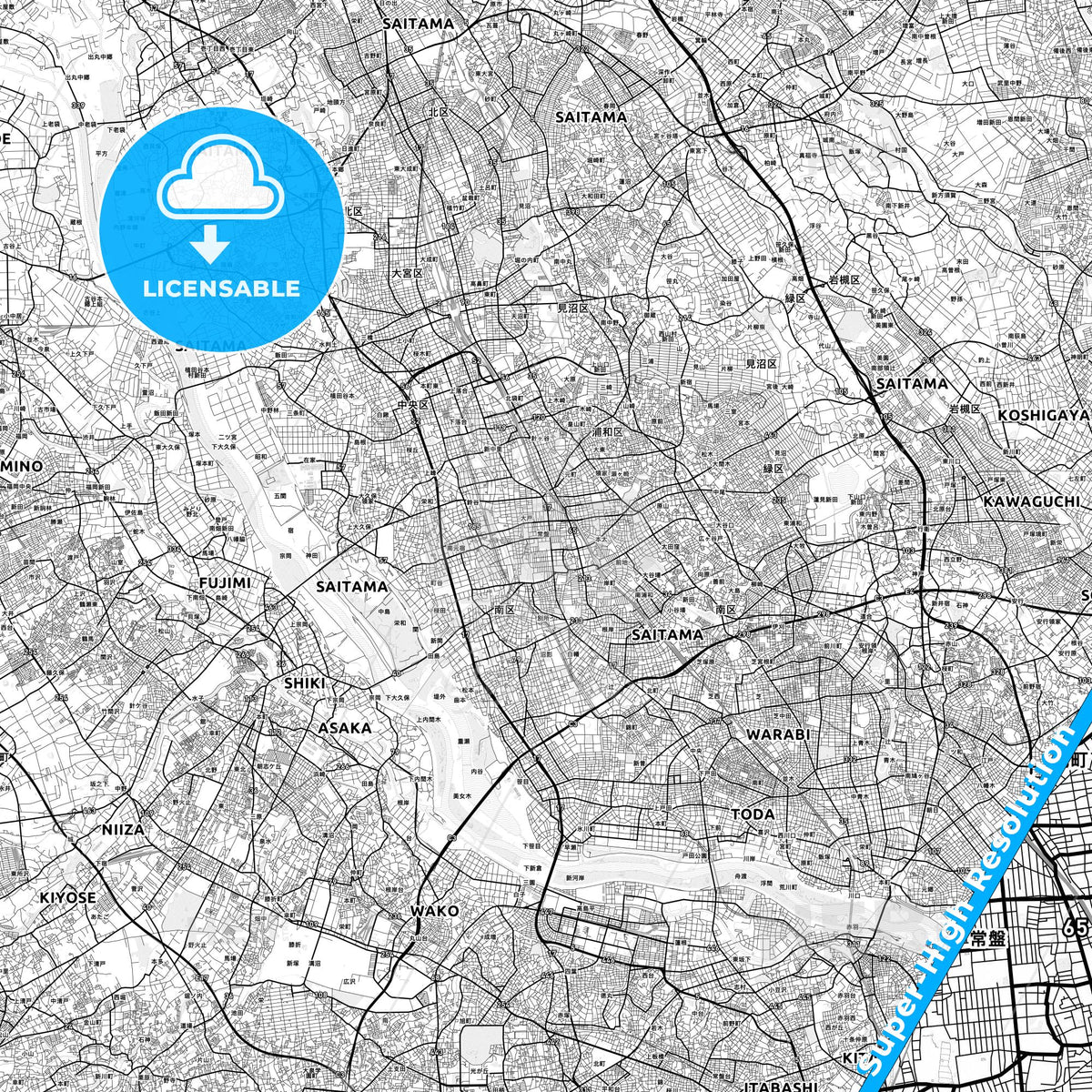 Saitama, Japan light map with streetnames, citynames and districts