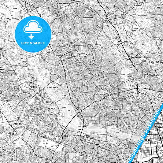 Saitama, Japan light map with streetnames, citynames and districts