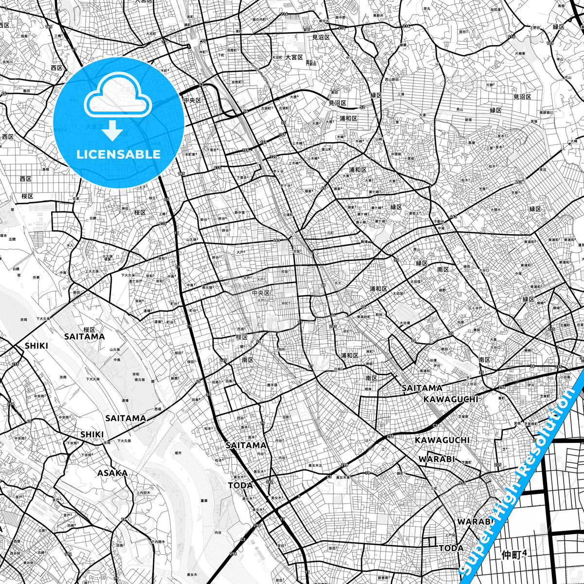 Saitama, Japan Light Map with Street Names, City Names, and Districts