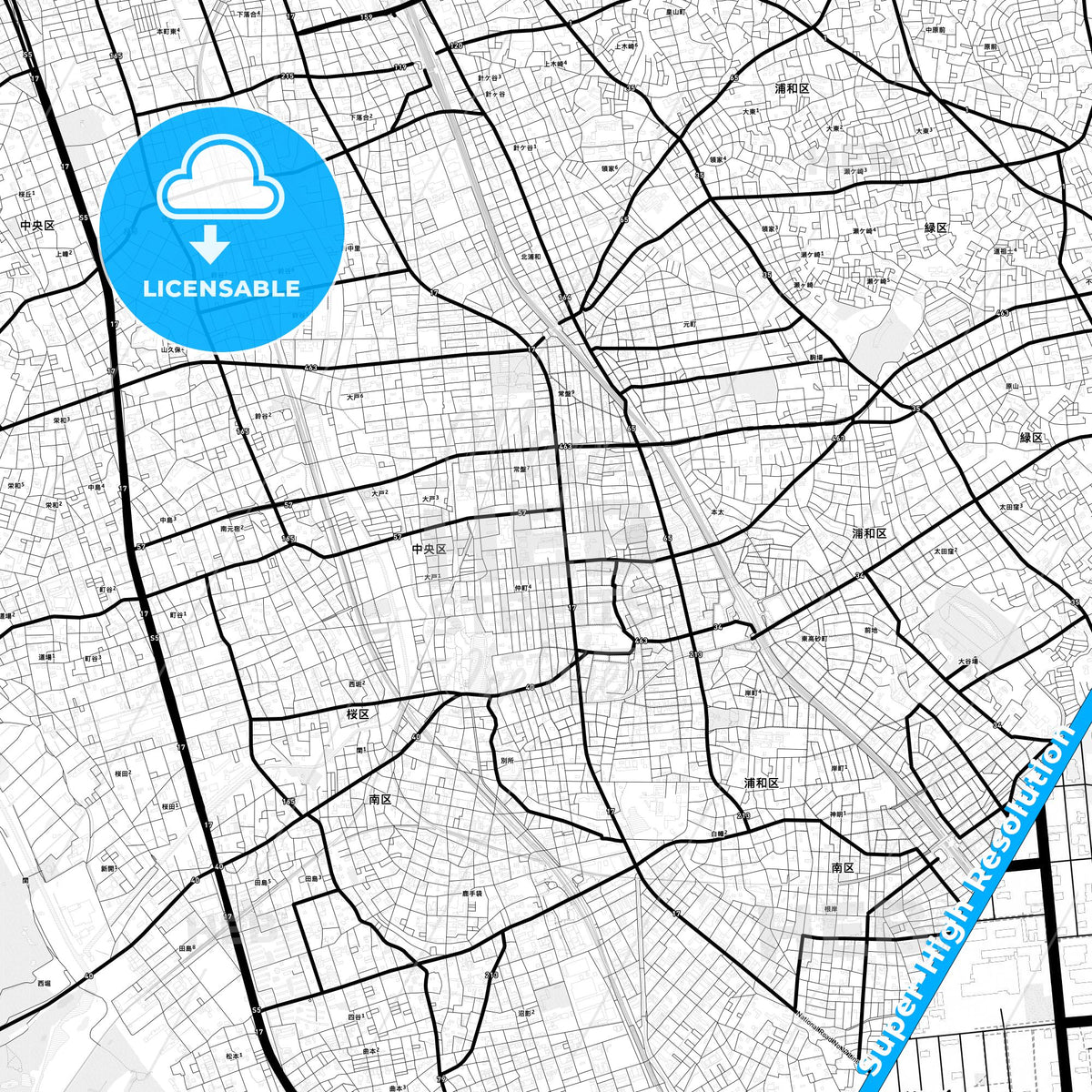 Saitama, Japan Light Map with Street Names, City Names, and Districts