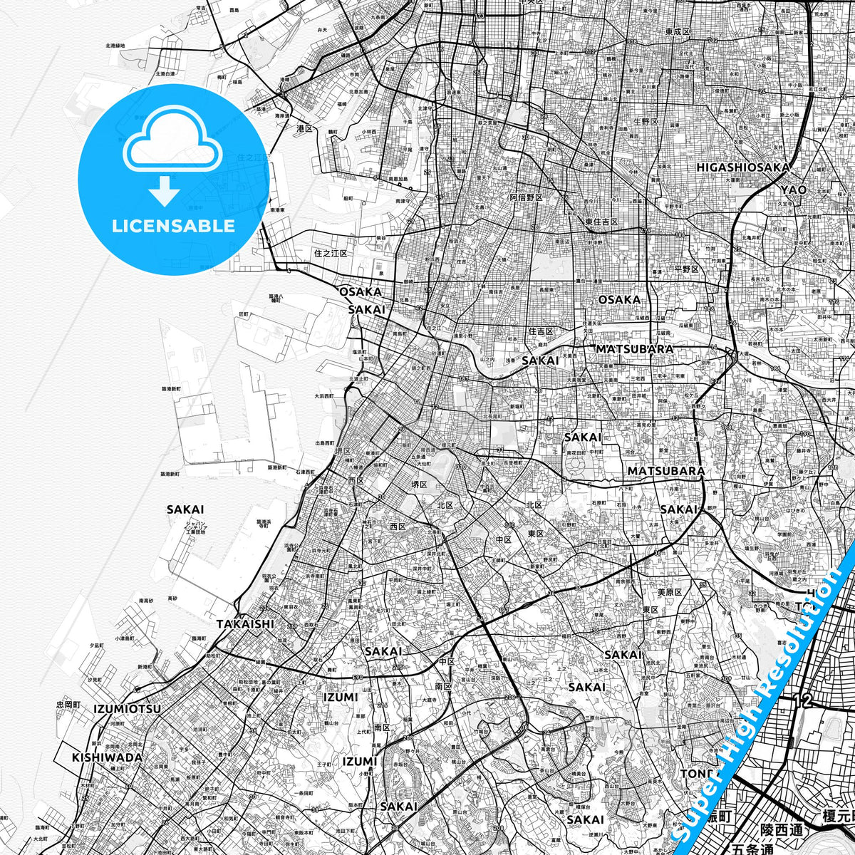 Sakai, Japan light map with streetnames, citynames and districts