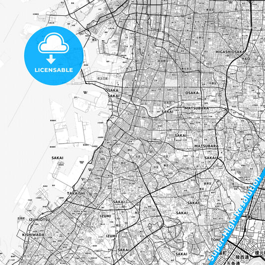 Sakai, Japan light map with streetnames, citynames and districts