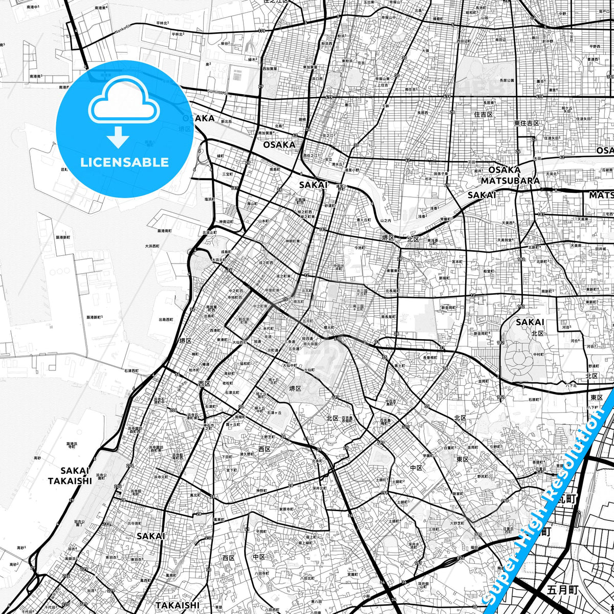 Sakai, Japan Light Map with Street Names, City Names, and Districts