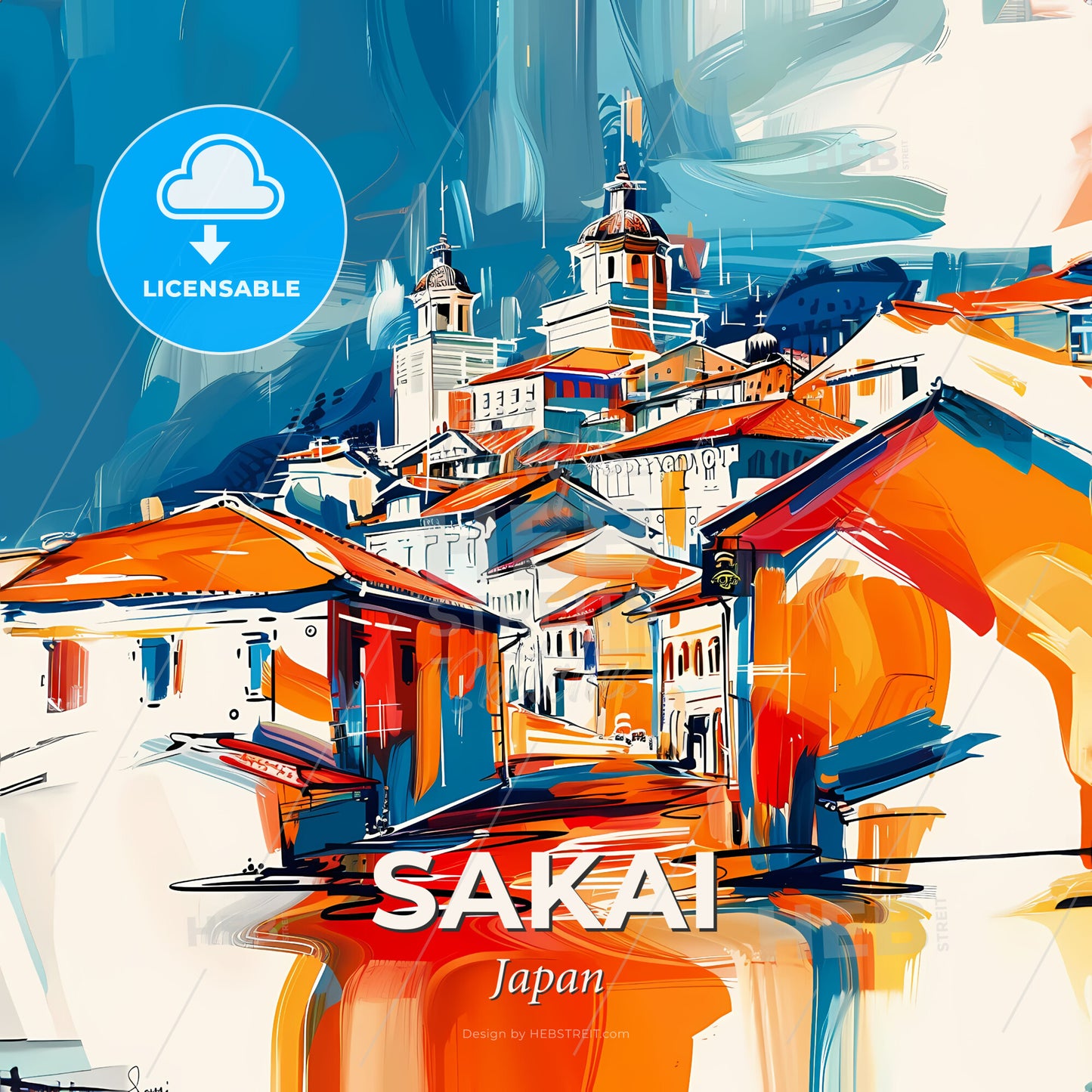 Vibrant Sakai, Japan - A Painting Of A Town - Square format print template