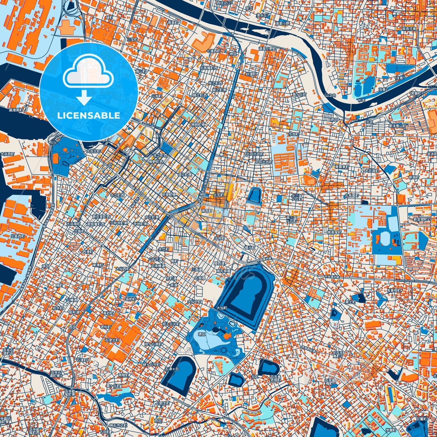 Colorful Sakai Street Map with Labels and Buildings