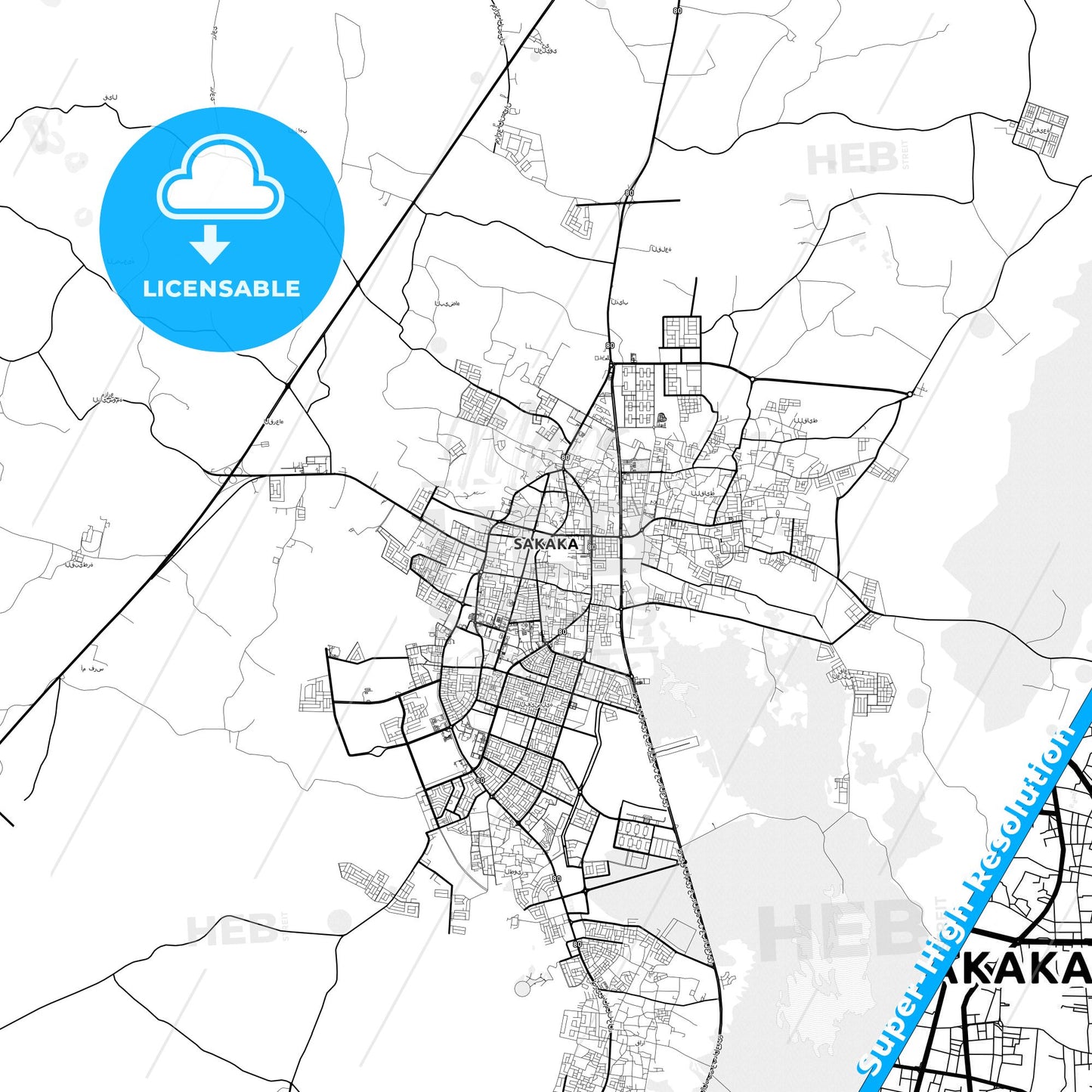Sakakah, Saudi Arabia light map with streetnames, citynames and districts