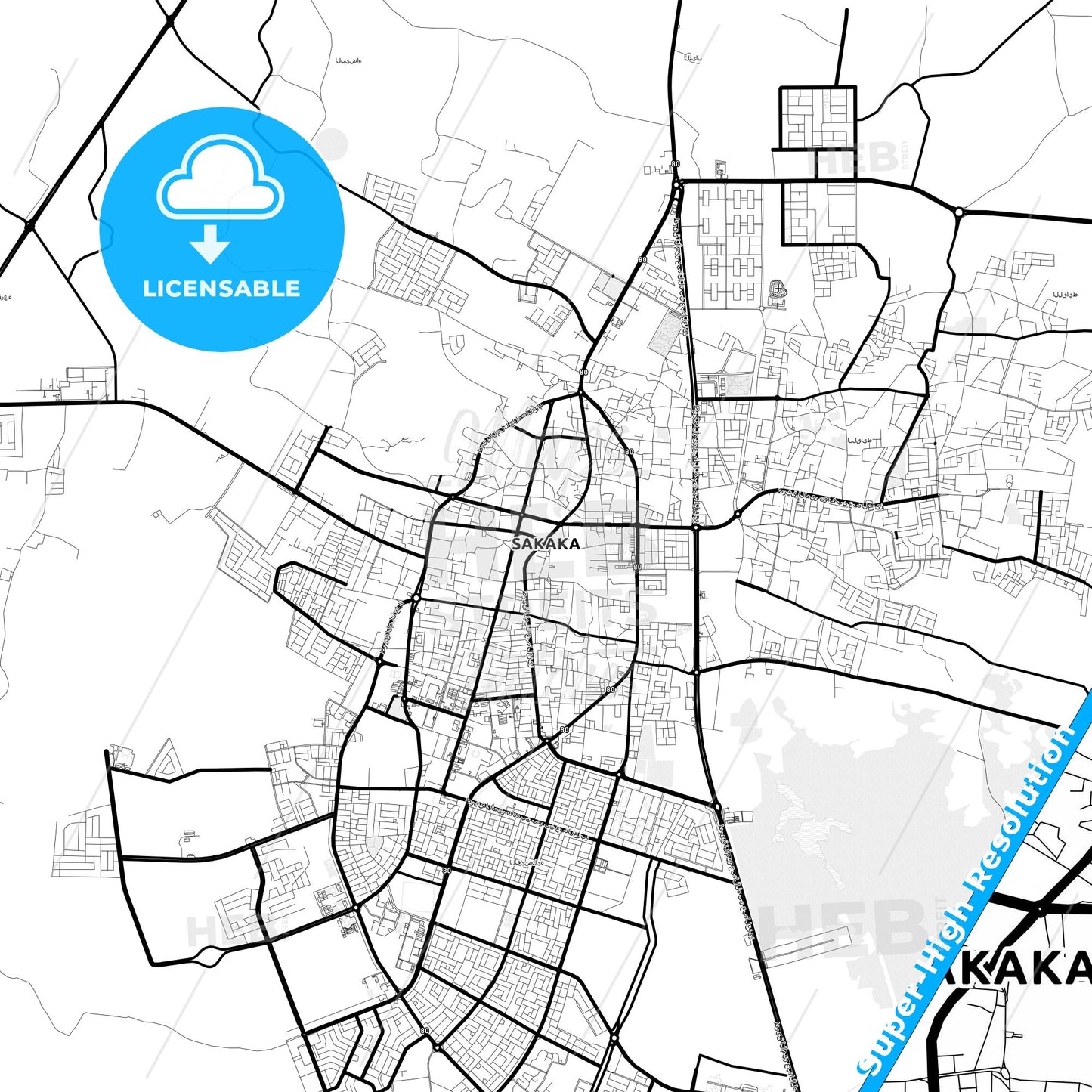 Sakakah, Saudi Arabia Light Map with Street Names, City Names, and Districts