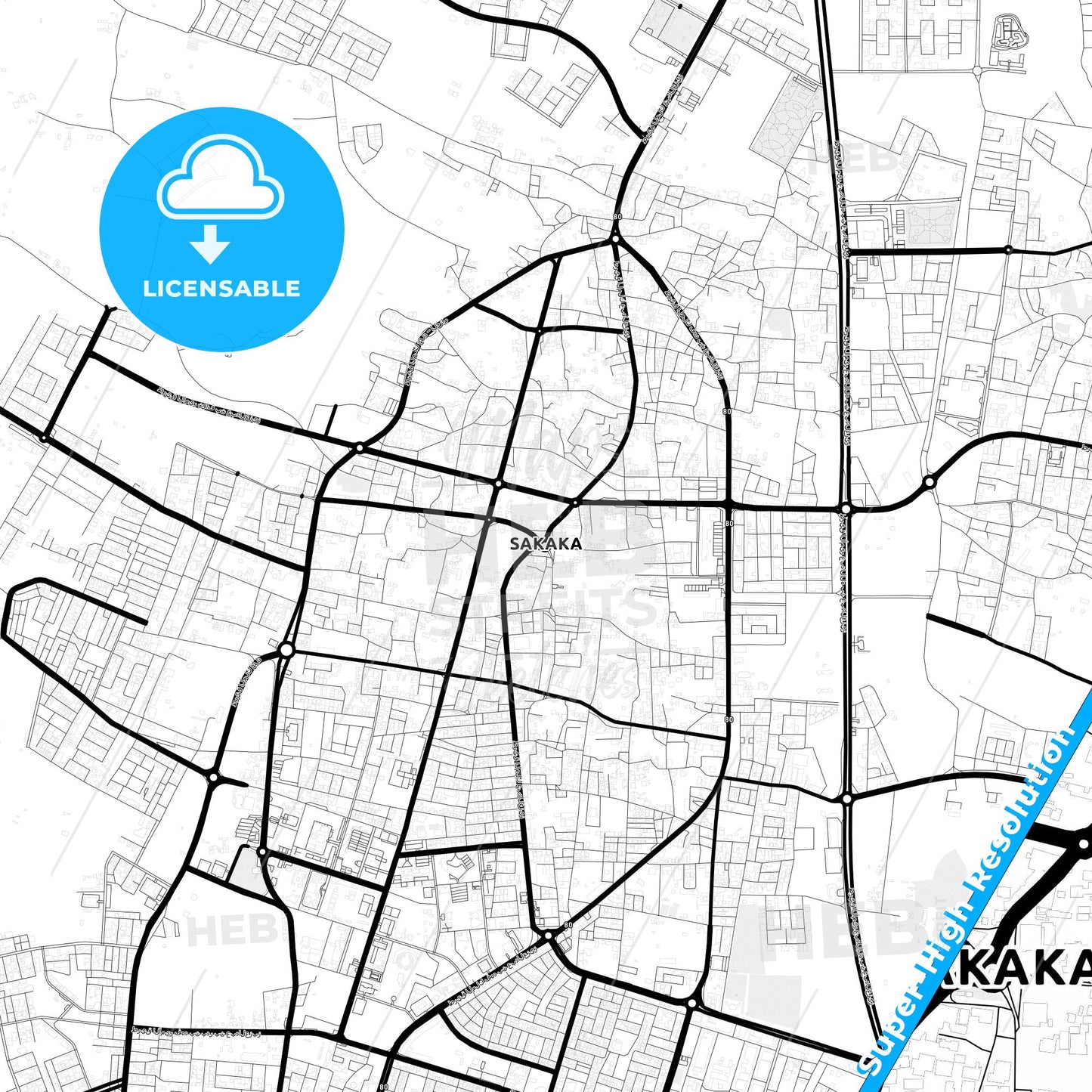 Sakakah, Saudi Arabia Light Map with Street Names, City Names, and Districts