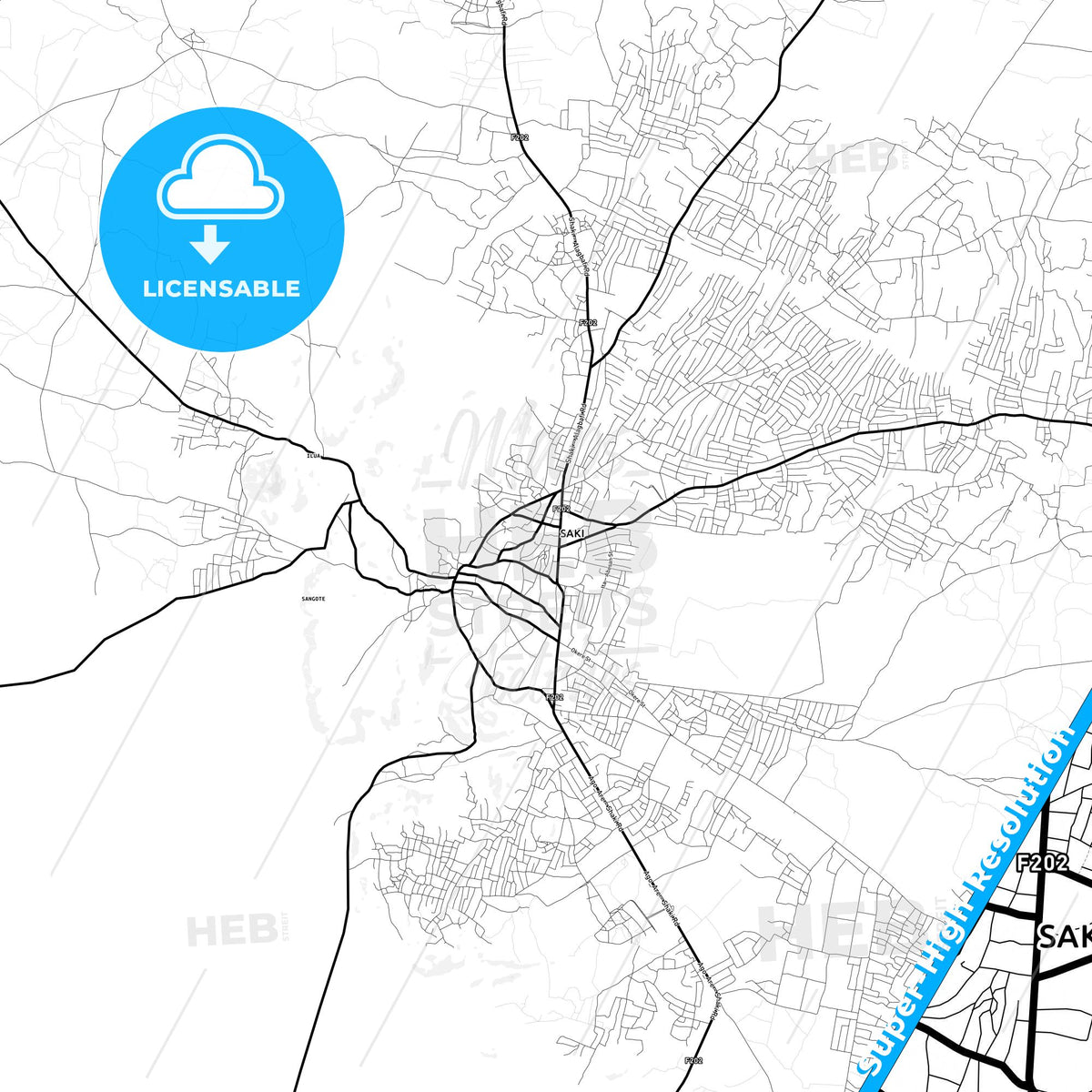 Saki, Nigeria Light Map with Street Names, City Names, and Districts