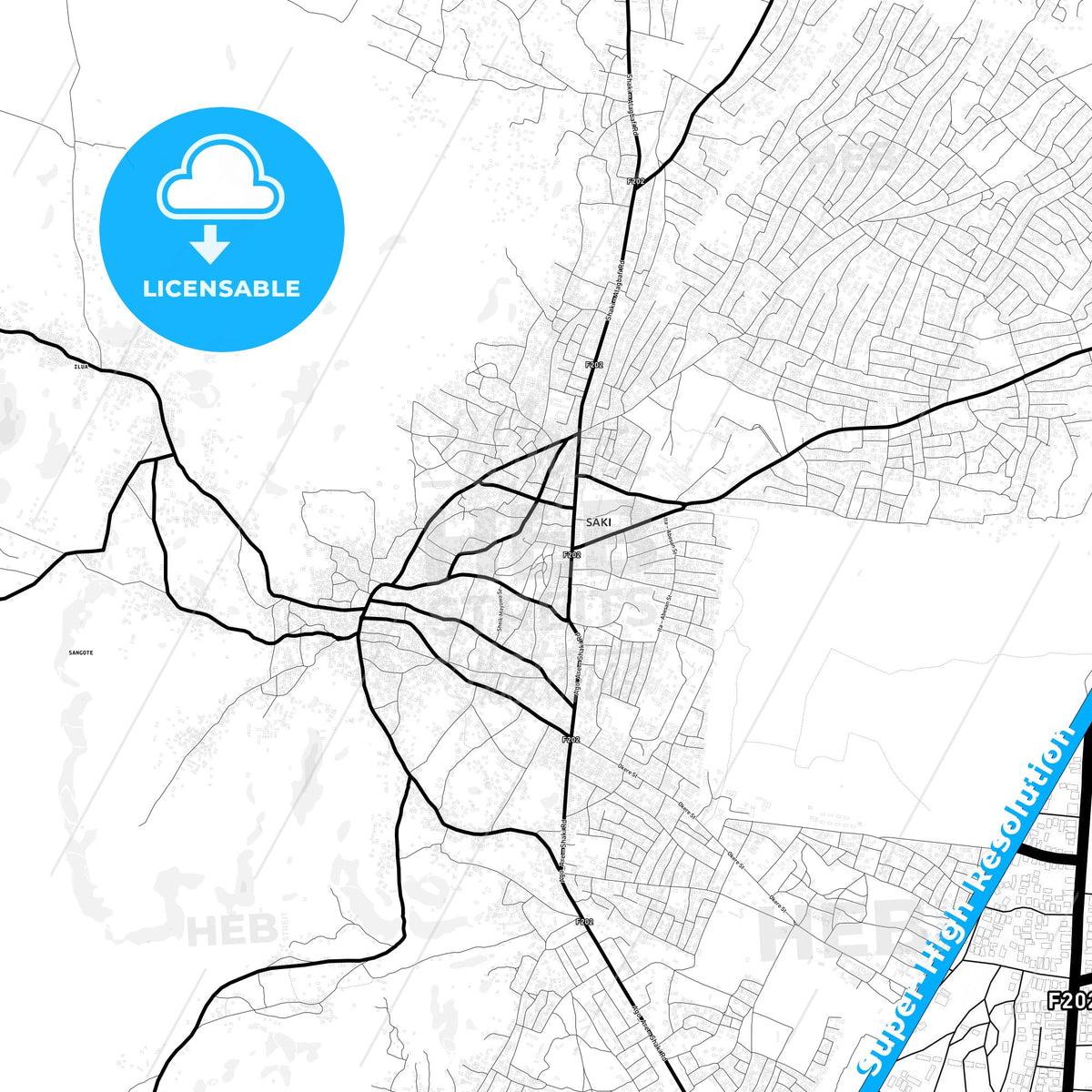 Saki, Nigeria Light Map with Street Names, City Names, and Districts