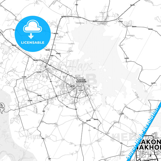 Sakon Nakhon, Thailand light map with streetnames, citynames and districts