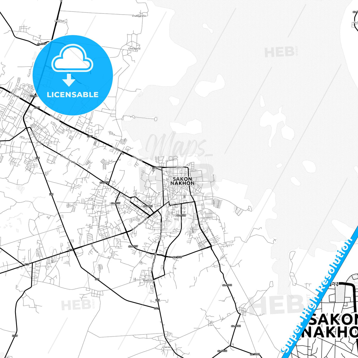 Sakon Nakhon, Thailand Light Map with Street Names, City Names, and Districts