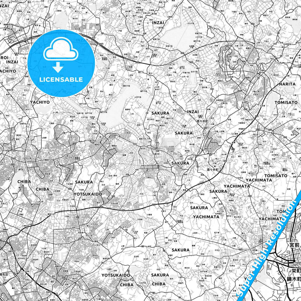 Sakura, Japan light map with streetnames, citynames and districts