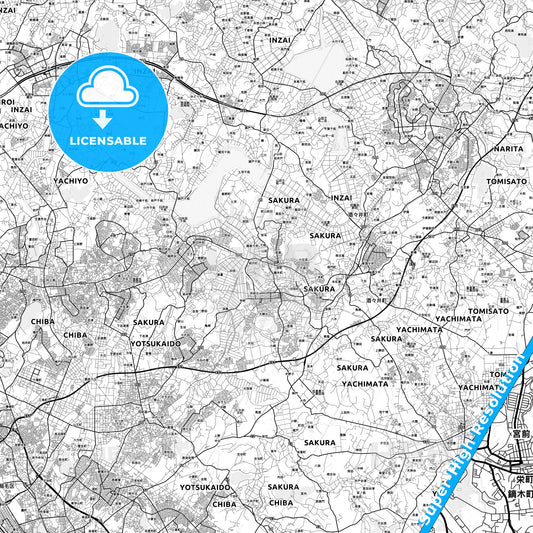 Sakura, Japan light map with streetnames, citynames and districts