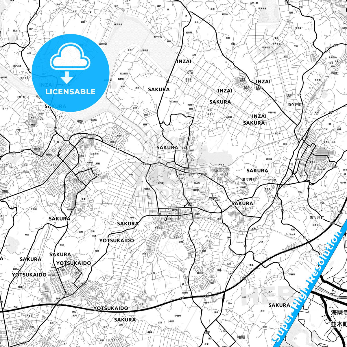 Sakura, Japan Light Map with Street Names, City Names, and Districts