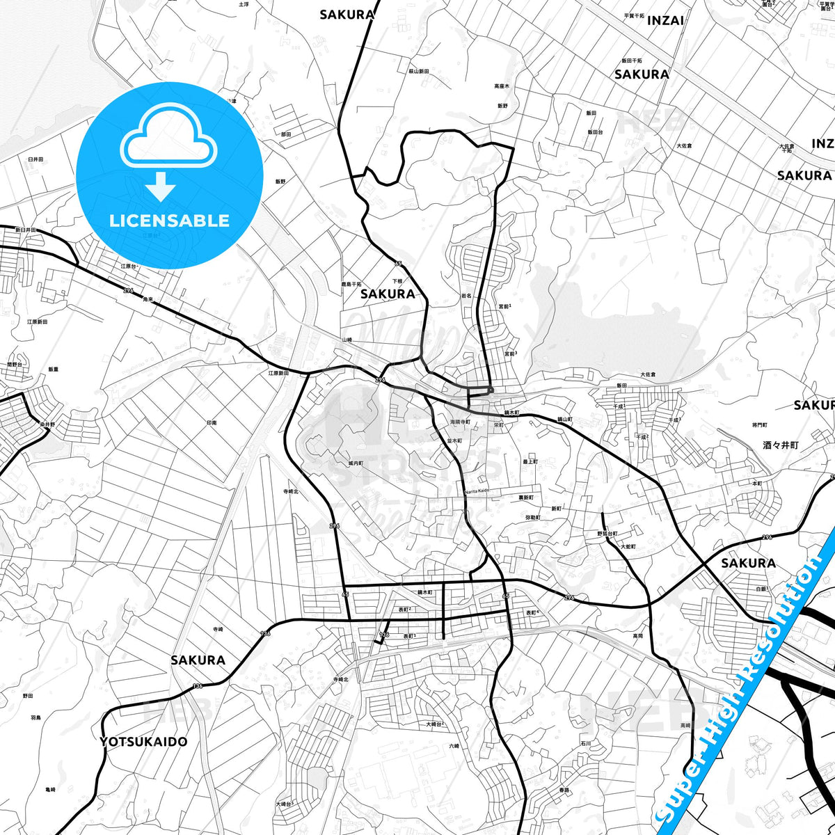Sakura, Japan Light Map with Street Names, City Names, and Districts