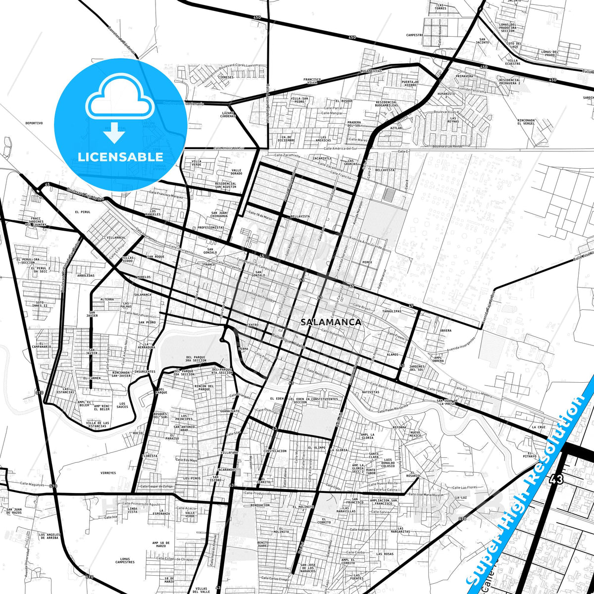 Salamanca, Mexico Light Map with Street Names, City Names, and Districts