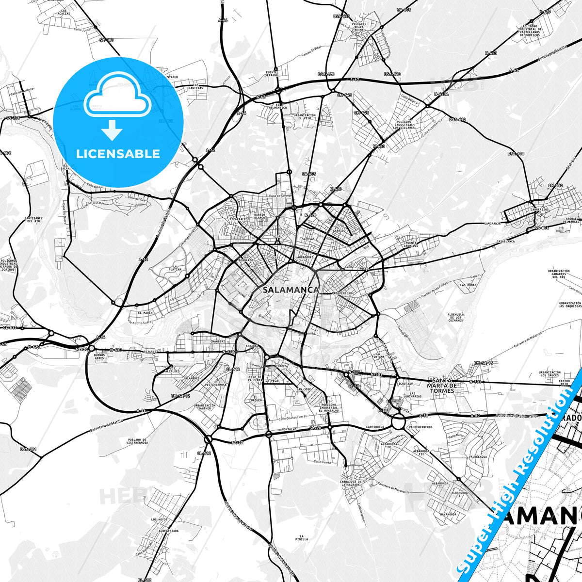 Salamanca, Spain Light Map with Street Names, City Names, and Districts