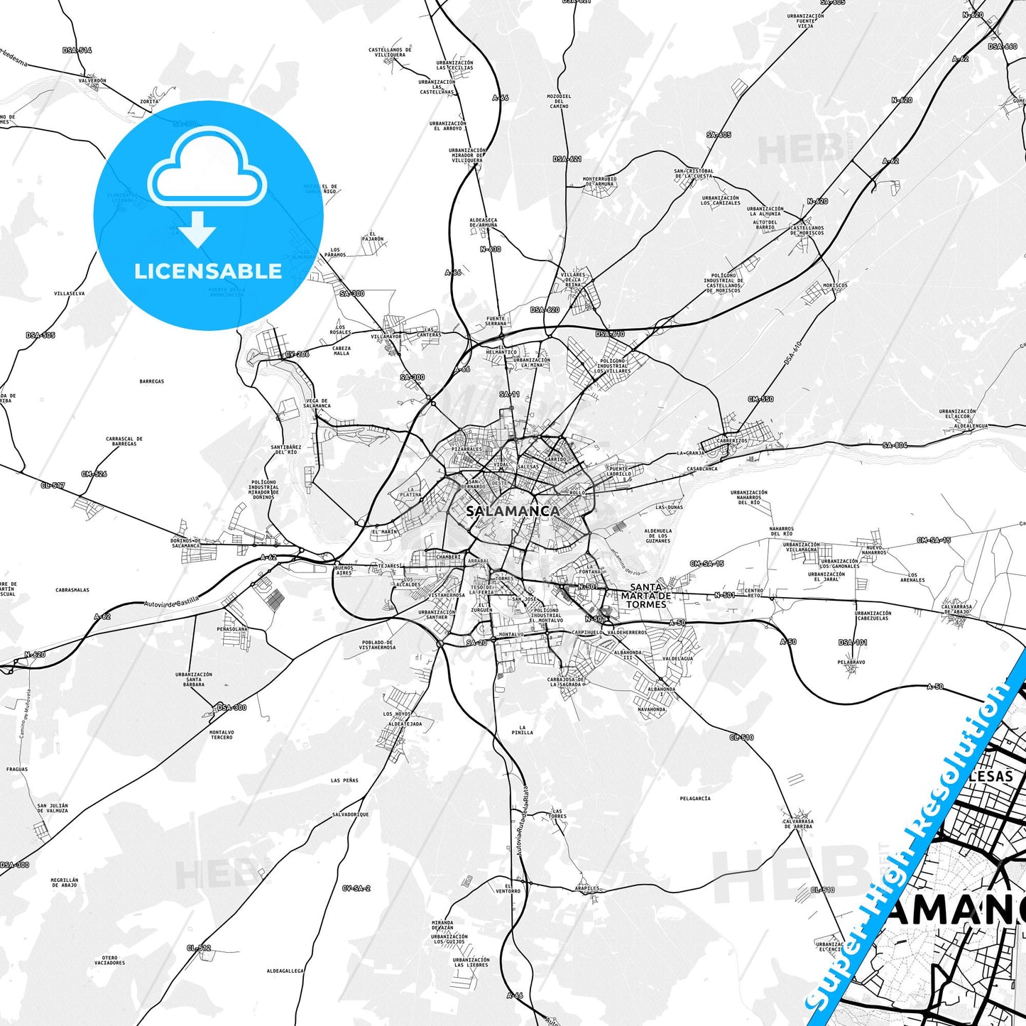 Salamanca, Spain light map with streetnames, citynames and districts