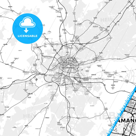 Salamanca, Spain light map with streetnames, citynames and districts