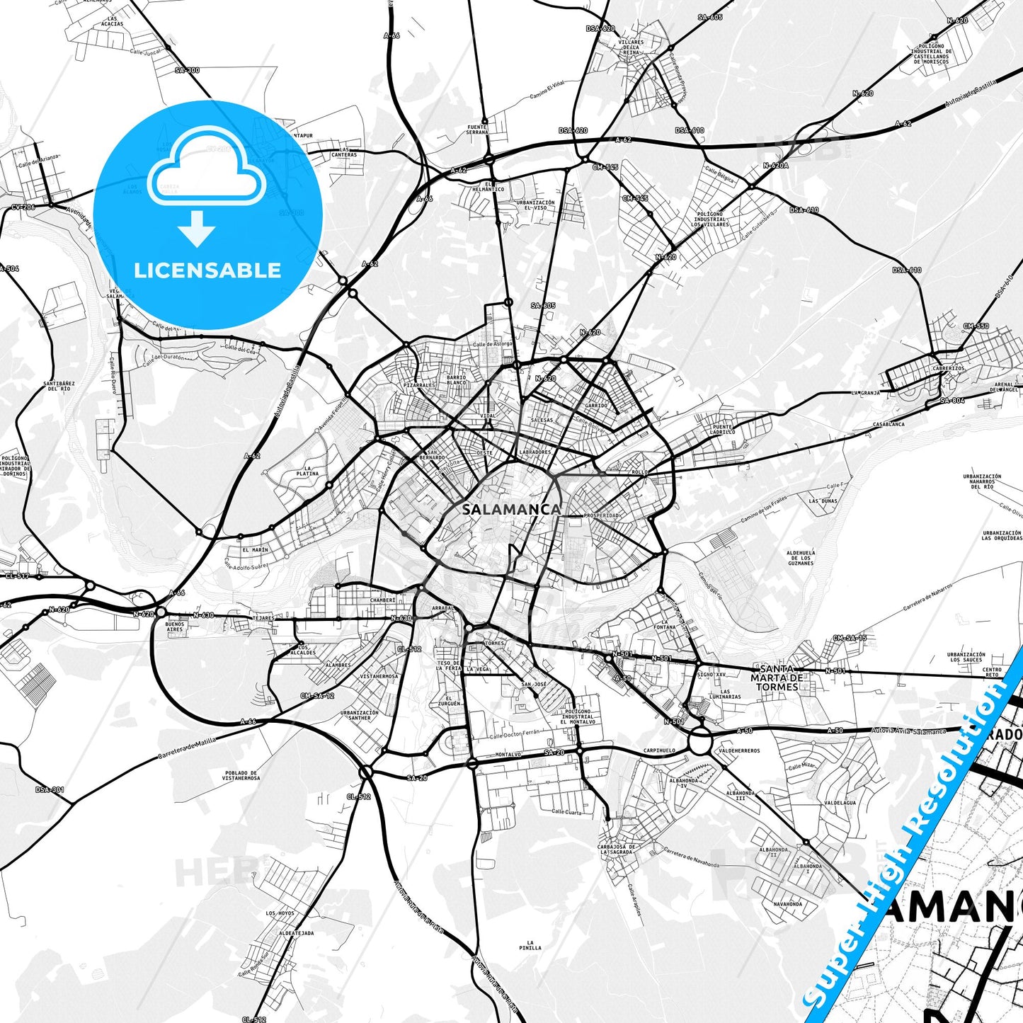 Salamanca, Spain Light Map with Street Names, City Names, and Districts