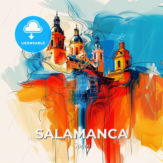 Vibrant Salamanca, Spain - A Painting Of A Building With Towers - Square format print template