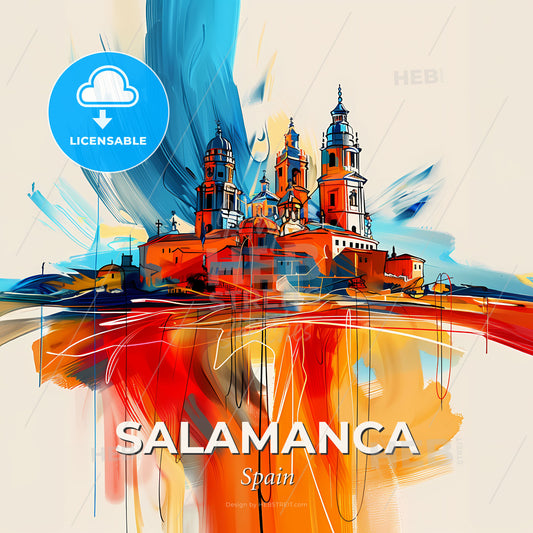 Vibrant Salamanca, Spain - A Painting Of A Building With Towers And A Colorful Background - Square format print template