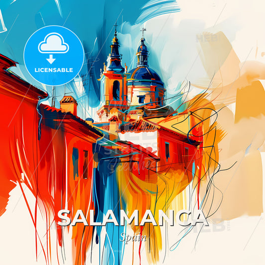 Vibrant Salamanca, Spain - A Painting Of A Building With A Tower - Square format print template