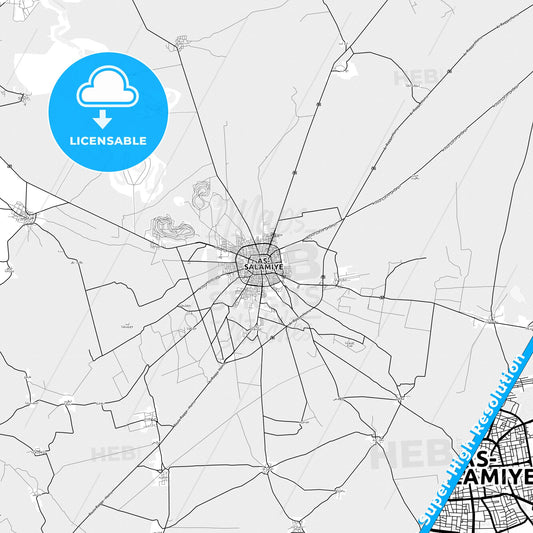 Salamiyah, Syria light map with streetnames, citynames and districts