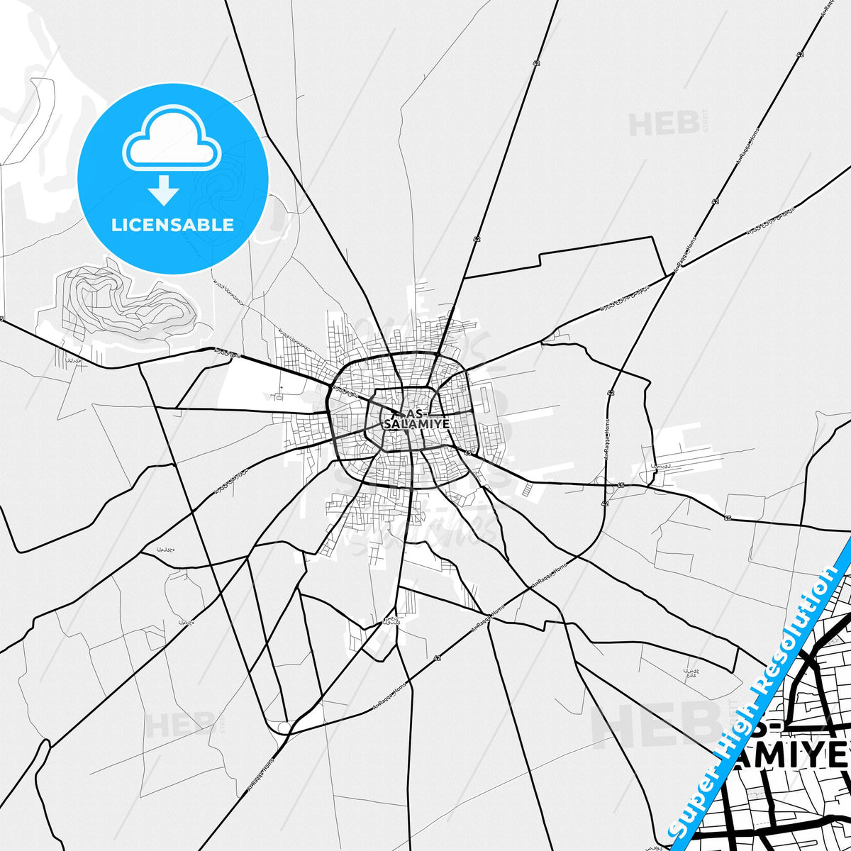 Salamiyah, Syria Light Map with Street Names, City Names, and Districts