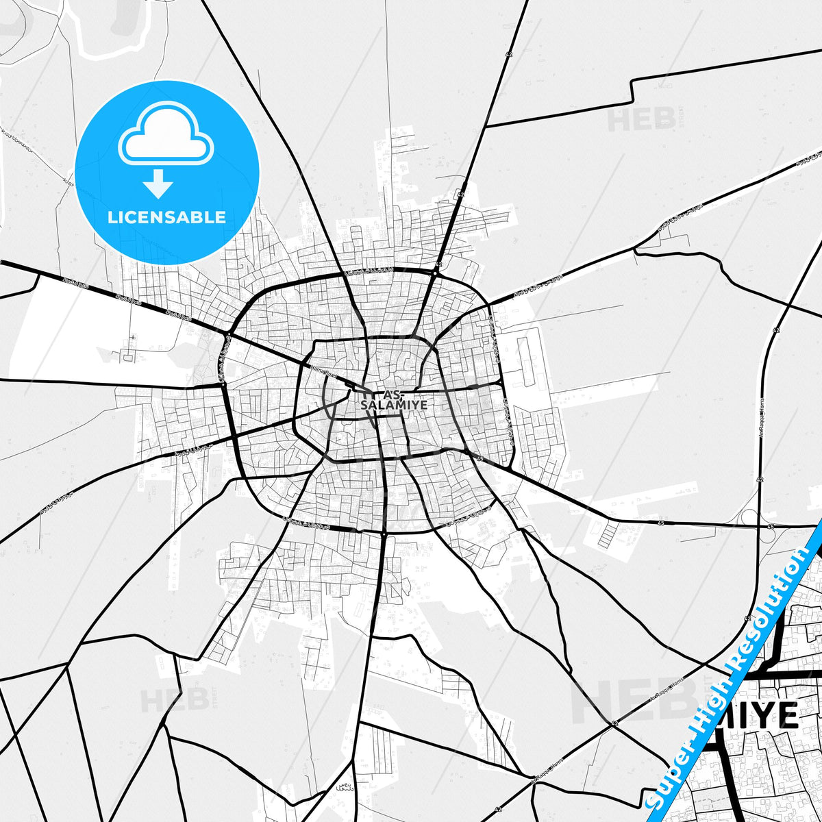 Salamiyah, Syria Light Map with Street Names, City Names, and Districts