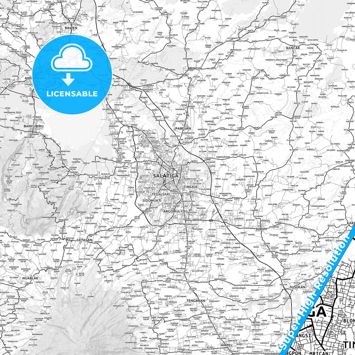 Salatiga, Indonesia light map with streetnames, citynames and districts