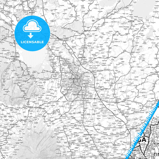 Salatiga, Indonesia light map with streetnames, citynames and districts