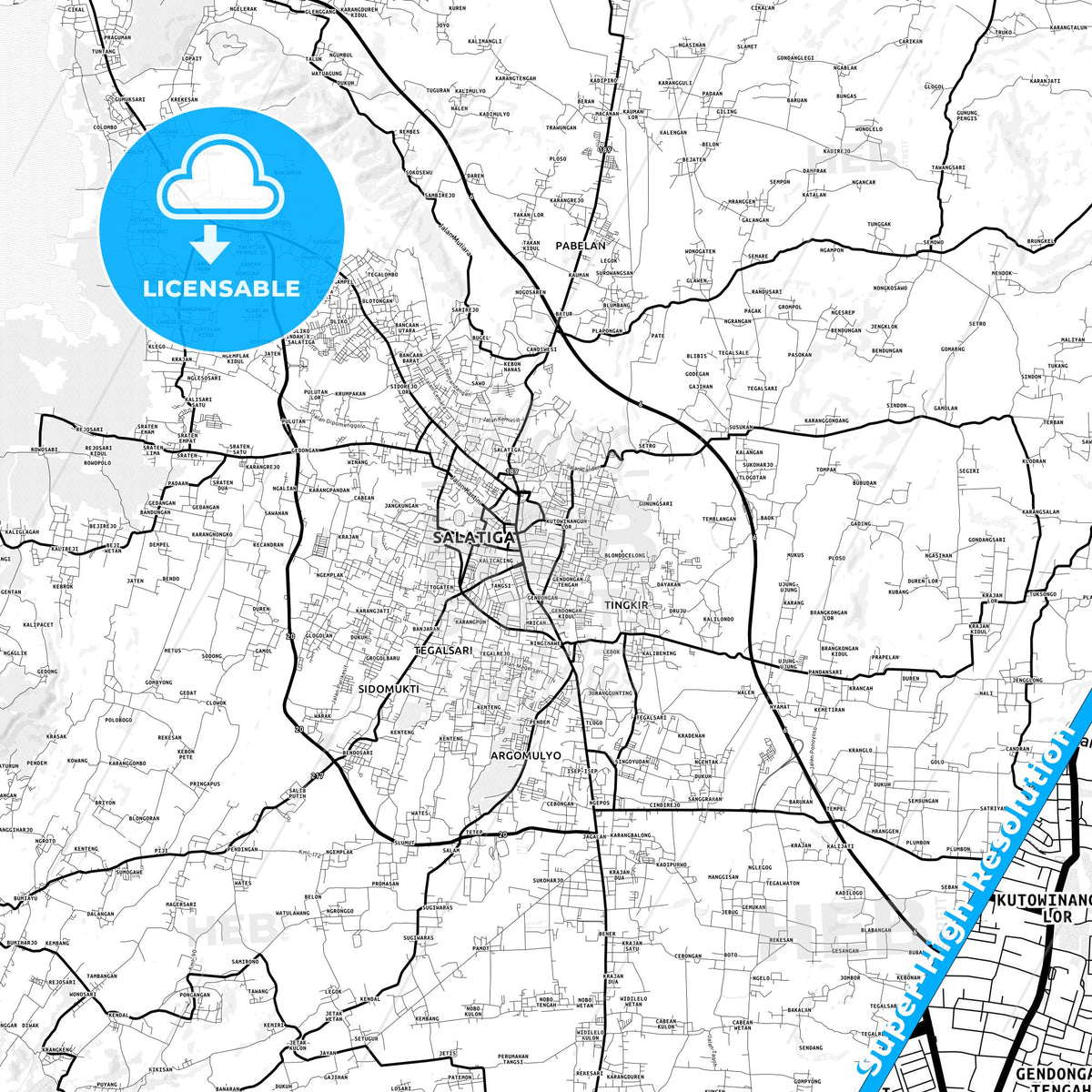 Salatiga, Indonesia Light Map with Street Names, City Names, and Districts