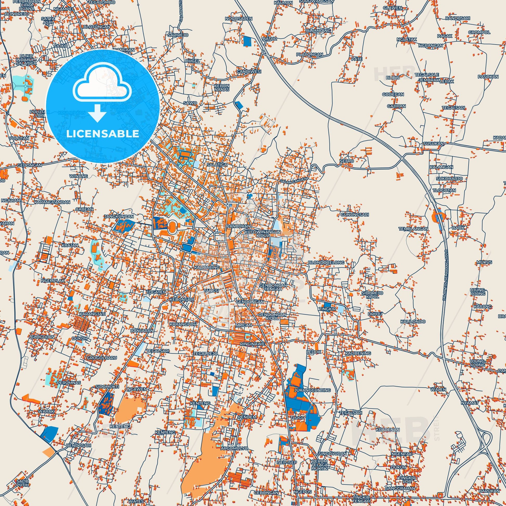 Colorful Salatiga Street Map with Labels and Buildings