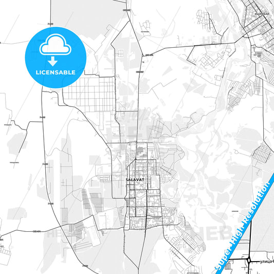 Salavat, Russia light map with streetnames, citynames and districts