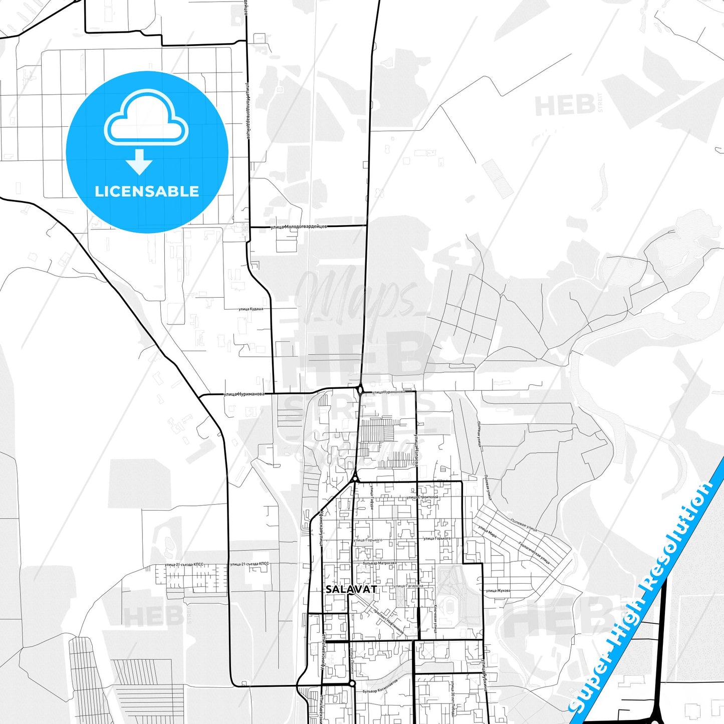 Salavat, Russia Light Map with Street Names, City Names, and Districts