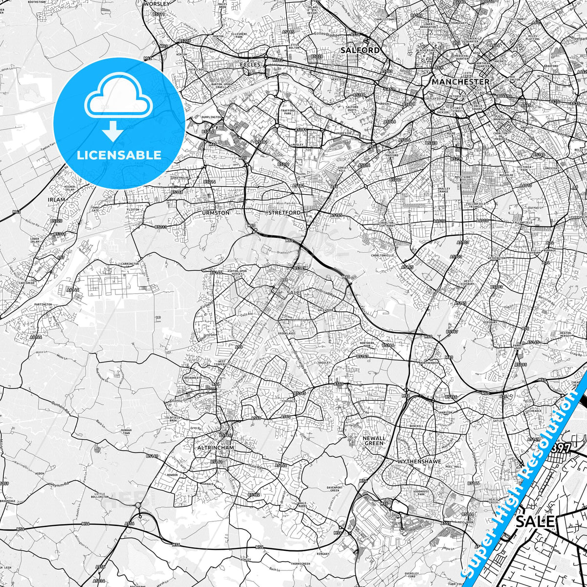 Sale, England light map with streetnames, citynames and districts