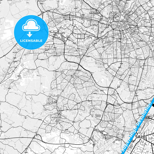 Sale, England light map with streetnames, citynames and districts
