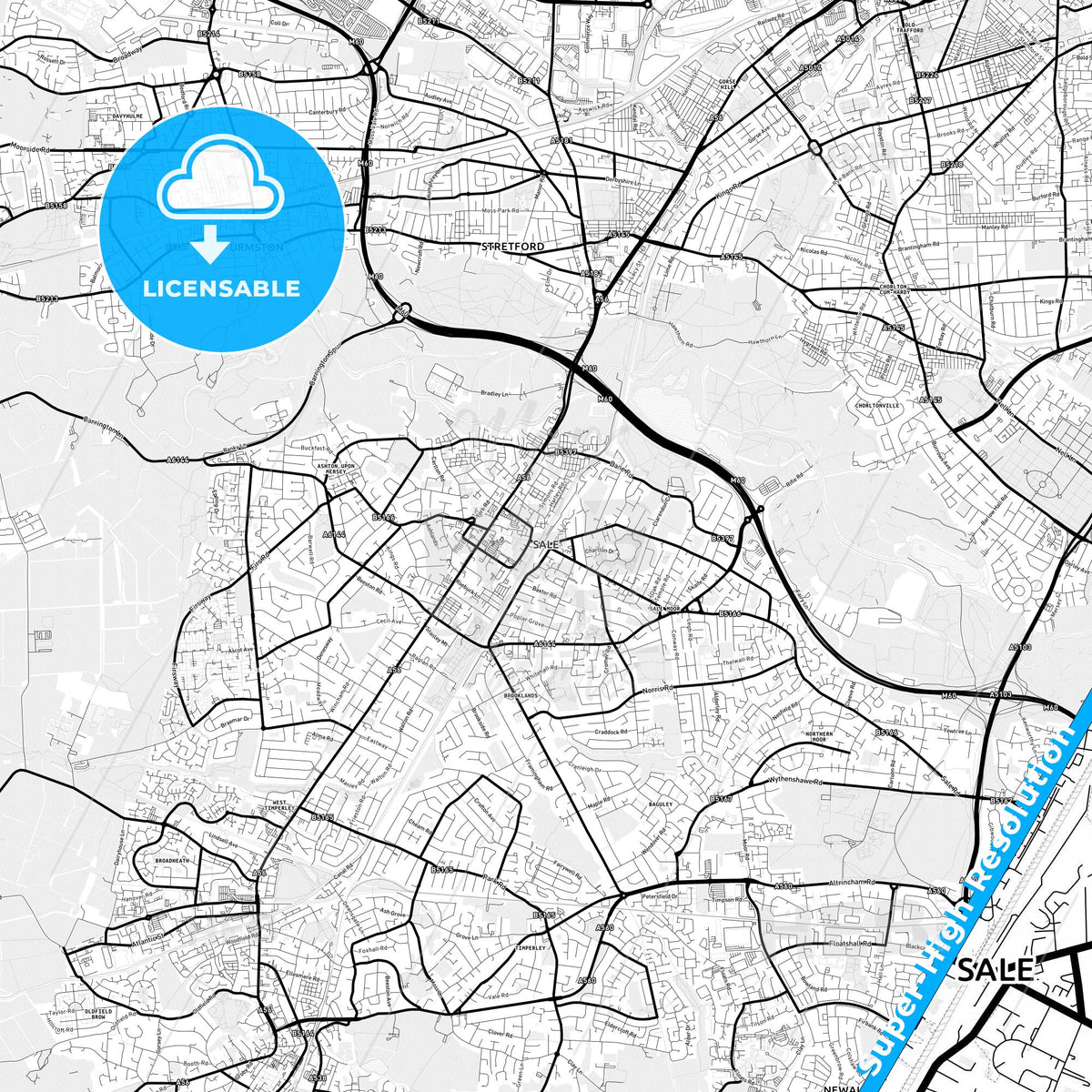 Sale, England Light Map with Street Names, City Names, and Districts