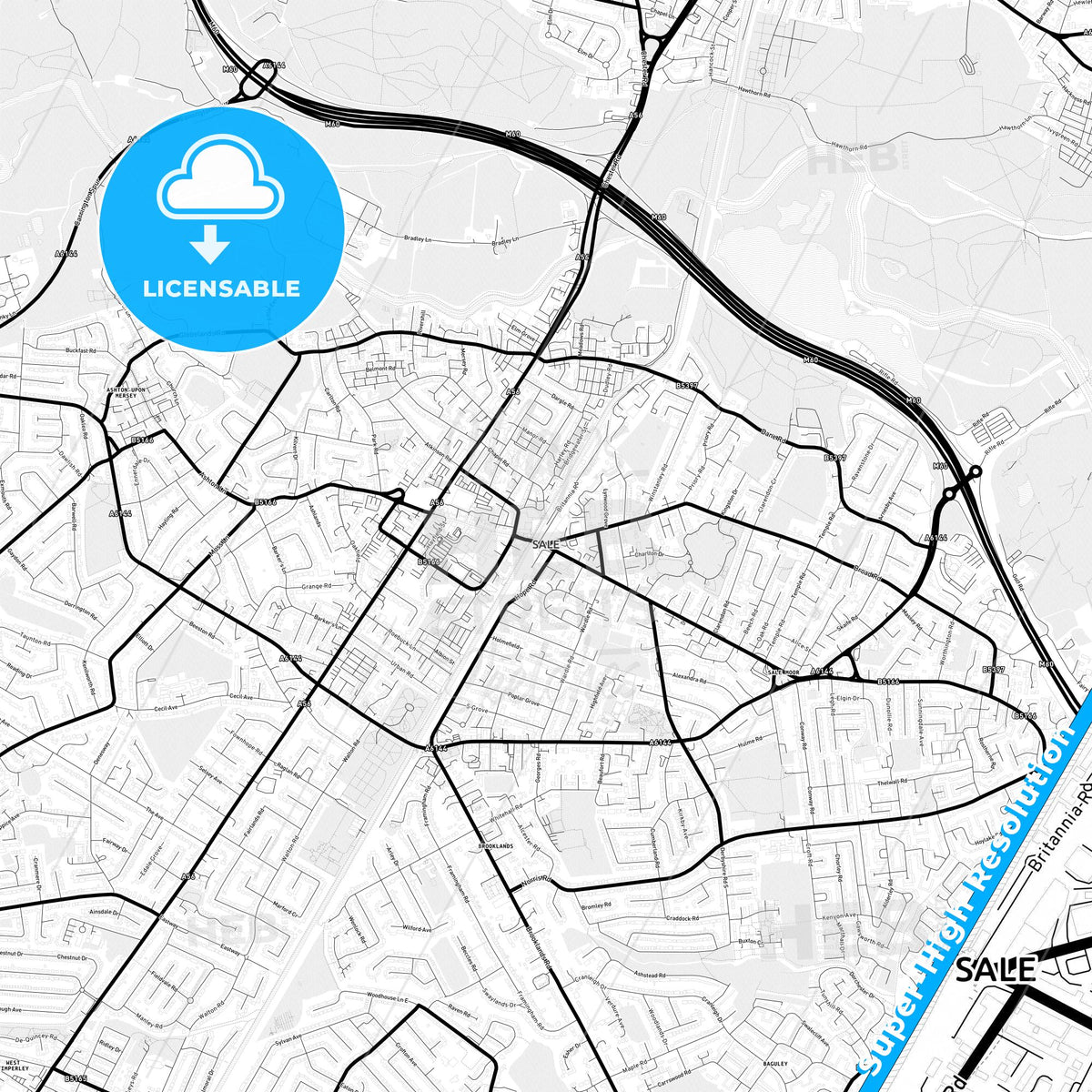 Sale, England Light Map with Street Names, City Names, and Districts