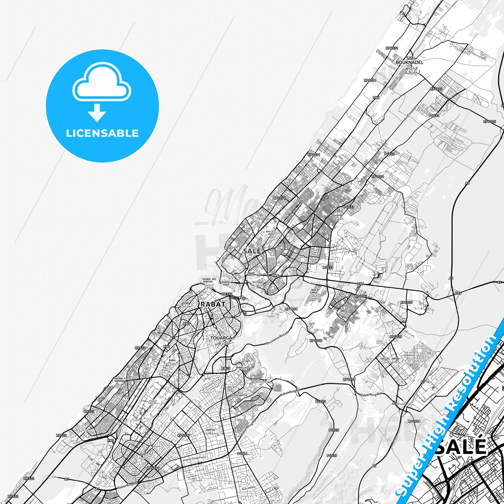 Sale, Morocco light map with streetnames, citynames and districts
