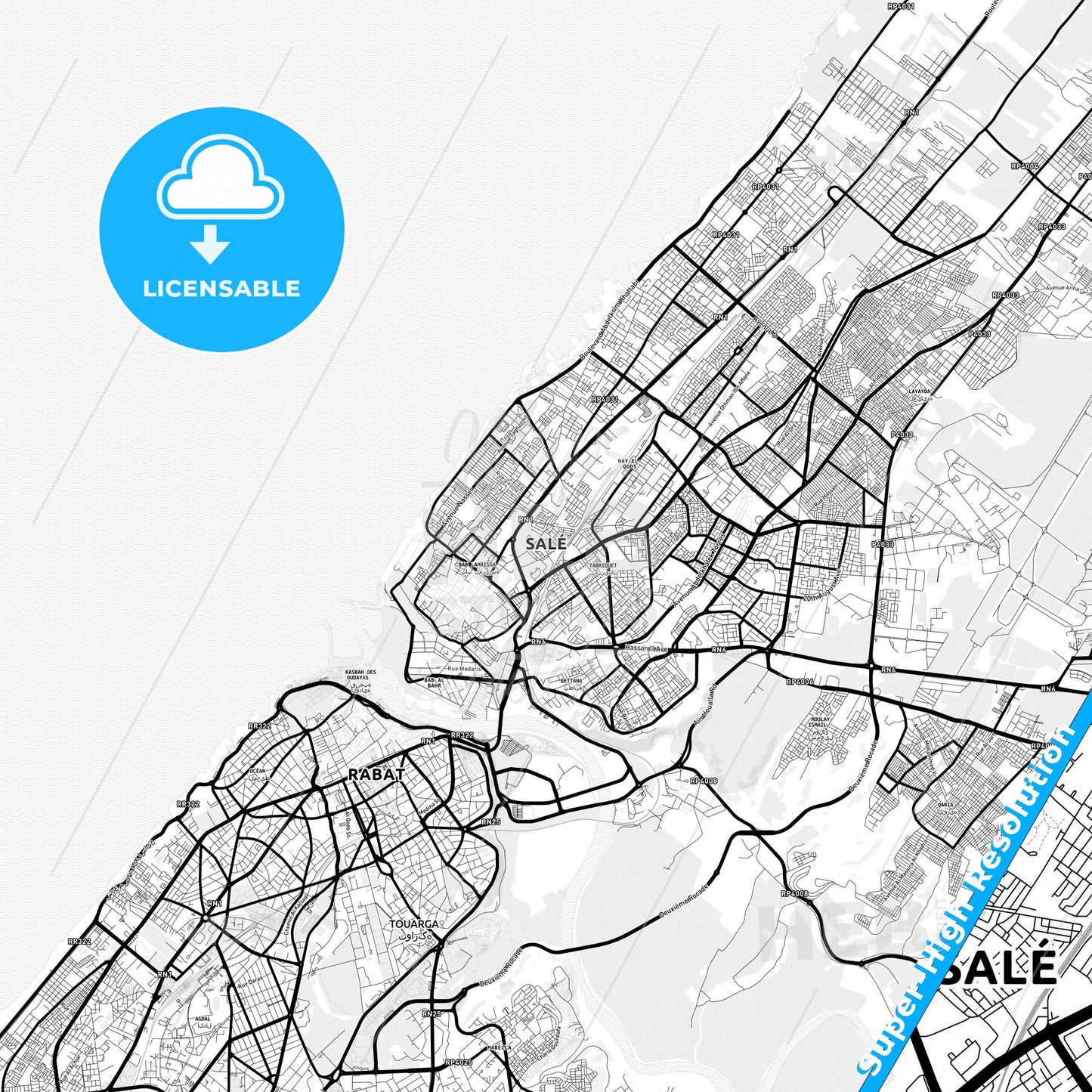 Sale, Morocco Light Map with Street Names, City Names, and Districts
