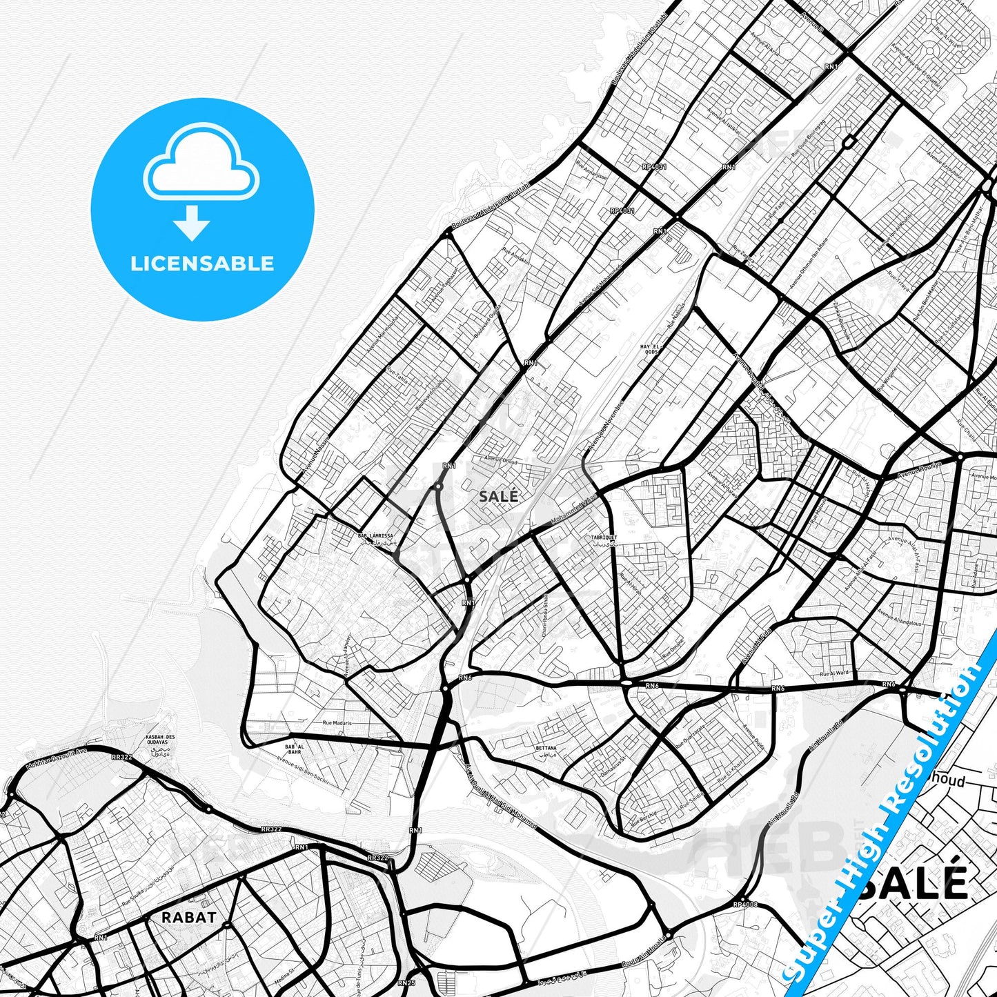 Sale, Morocco Light Map with Street Names, City Names, and Districts